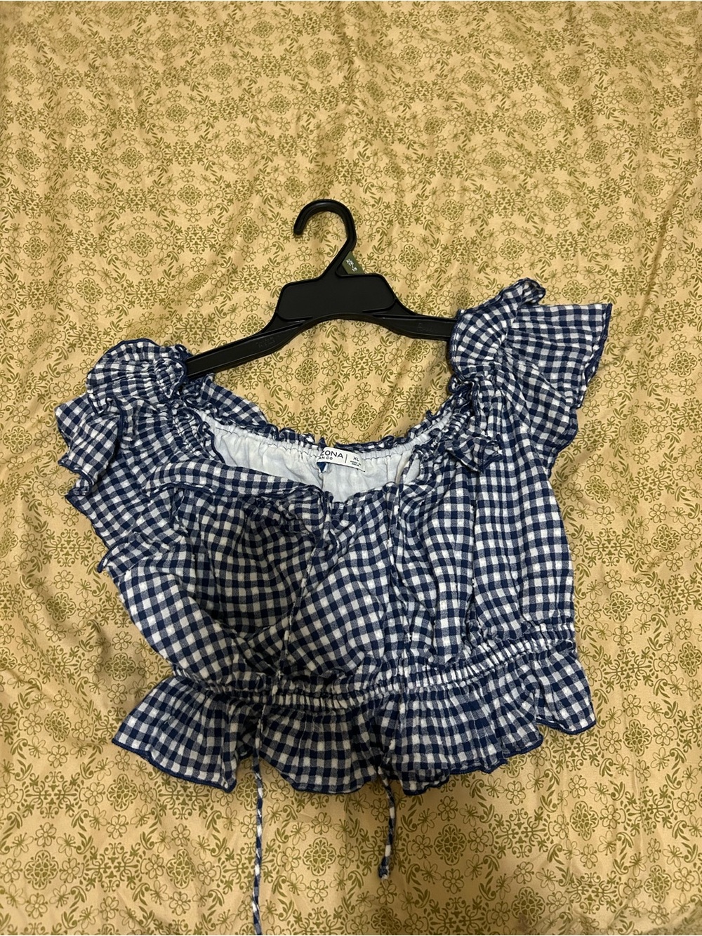 Arizona Blue Gingham Ruffle Cropped Shirt